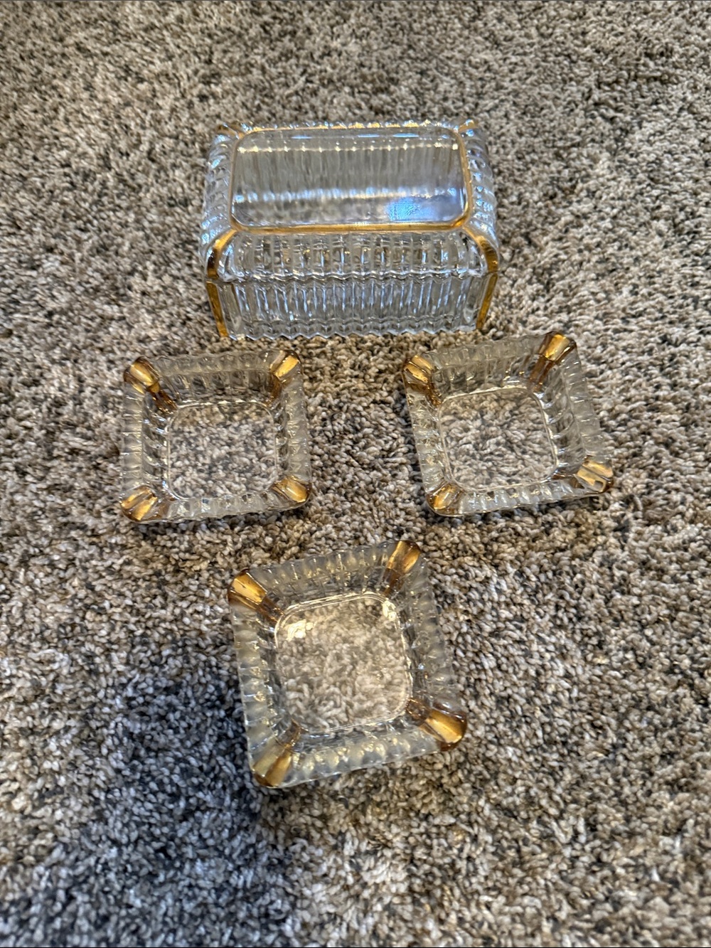 Vintage Jeannette Glass Gold Cigarette Box & 3 Ashtrays – Mid-Century.